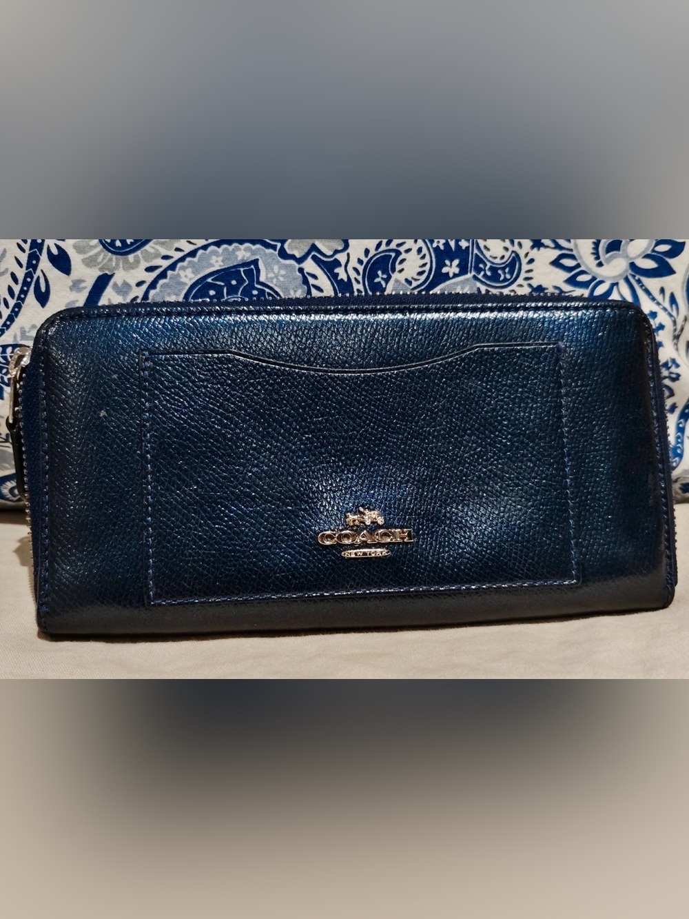 Coach Navy Leather Zip-Around Wallet with Gold Logo